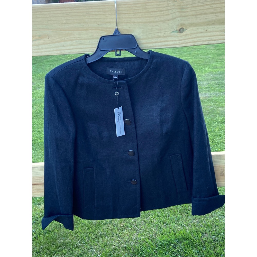 Talbots Jackie Fit Black 100% Linen Jacket Blazer Button Front Size 6 NEW